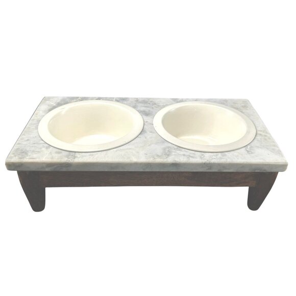 Elevated Pet Feeder x 2 Enamel Bowl Set Oak Hard Wood Base Marble Top Dog Cat - Picture 2 of 14